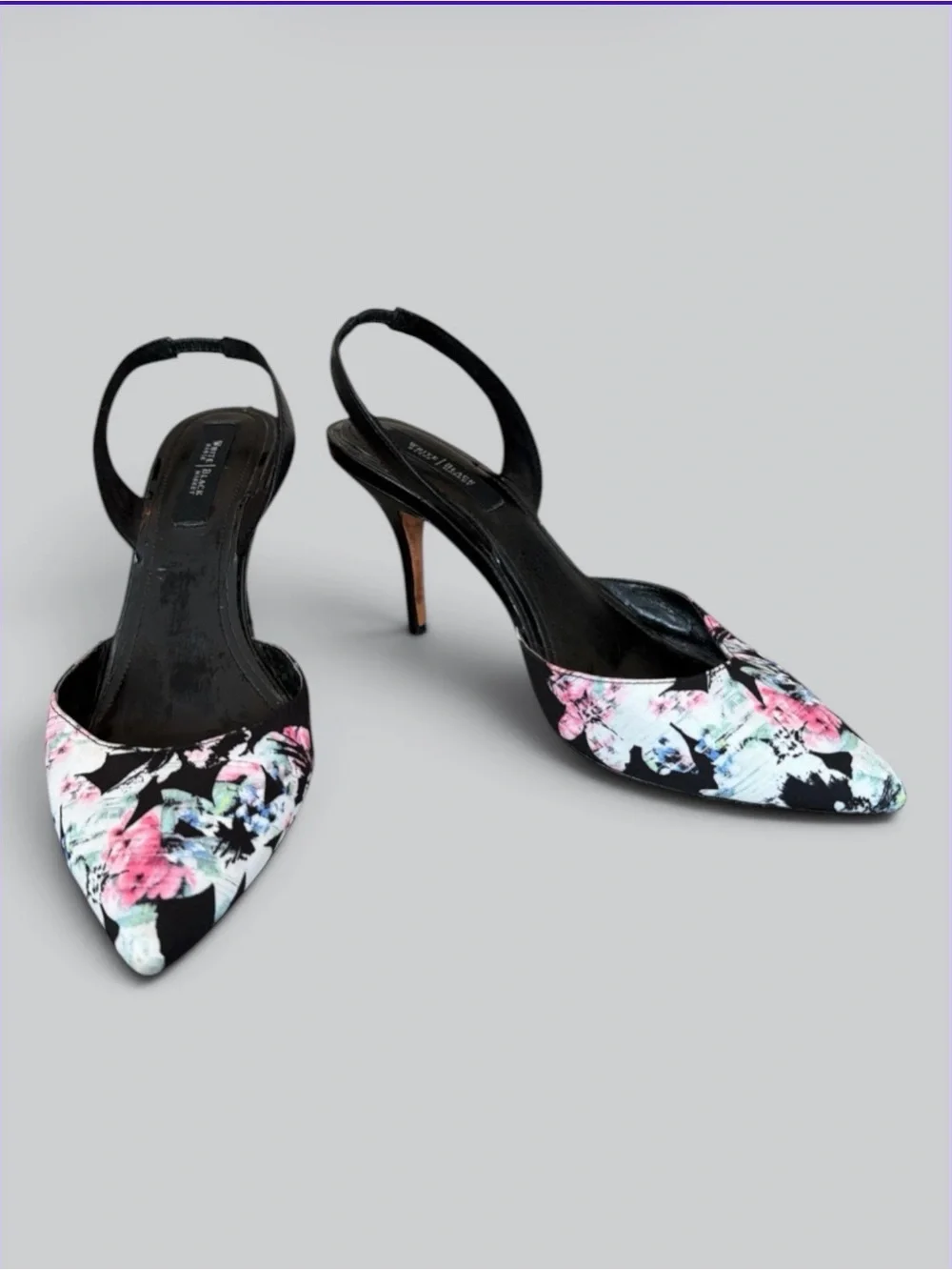 White House Black Market Black Floral Pointed Slingback Heels